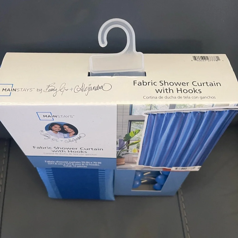 New Mainstays Blue Striped Fabric Shower Curtain with Matching Blue Hooks
